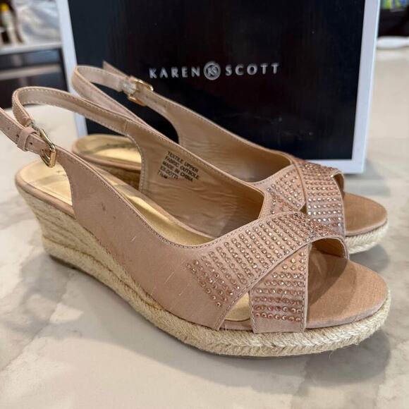 Karen Scott Slingback Espadrille Wedge Sandals  Womens 7.5 Taupe Metallic Studs - Picture 1 of 10